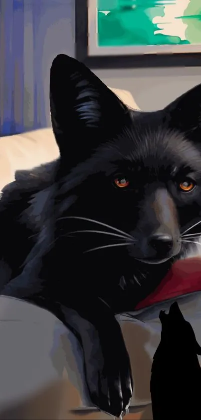 Artwork of a black fox on a couch with a shadow.