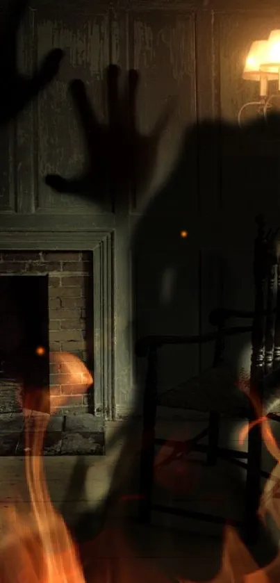 Shadowy room with flames and glowing light in a warm, mysterious setting.