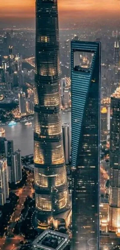 Shanghai skyline with skyscrapers at dusk and city lights glowing.