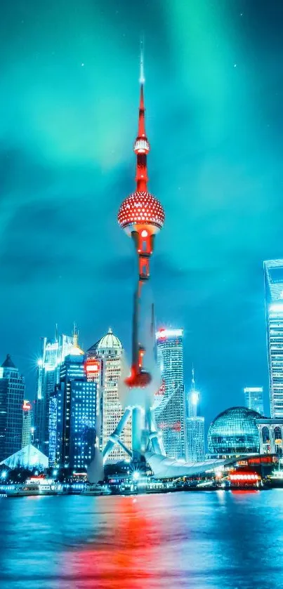 Shanghai skyline at night with vibrant cyan and red lights.