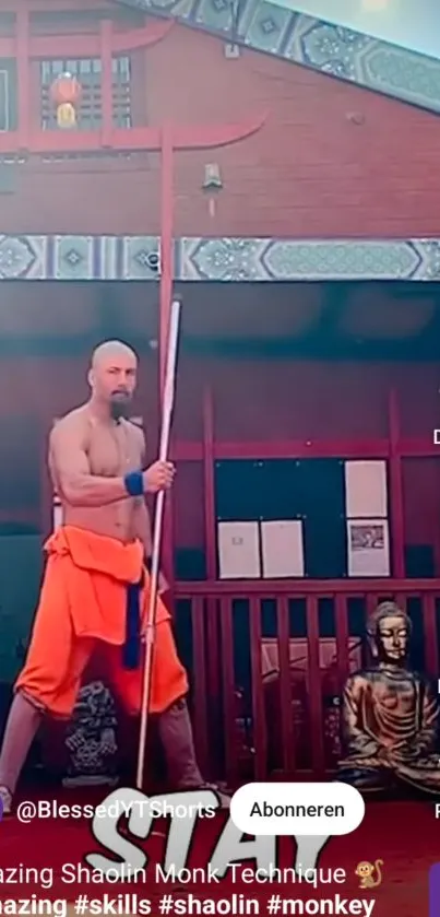 Monk performing martial arts at Shaolin temple.