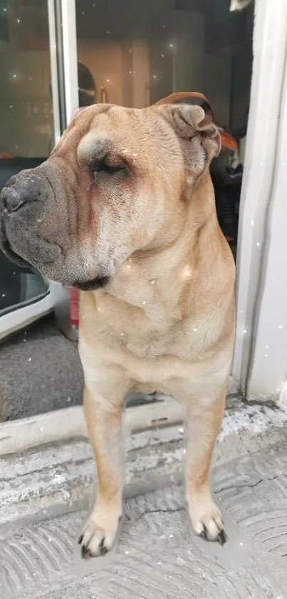 Shar Pei dog standing by door with beige coat indoors.