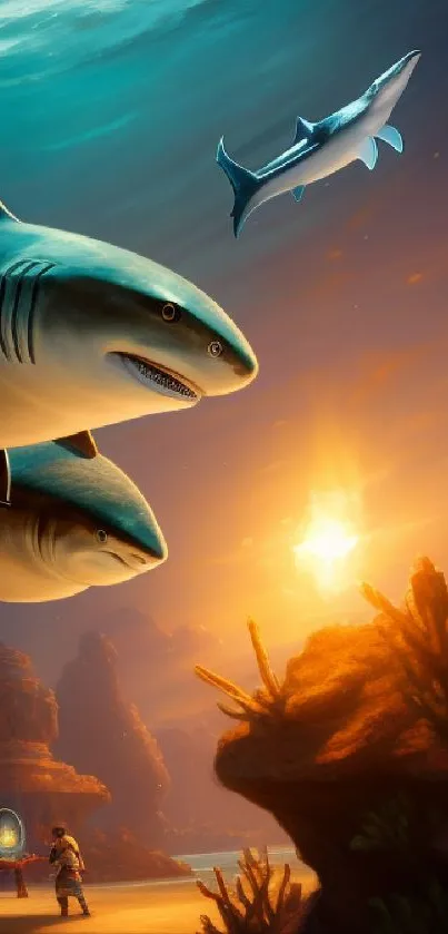 Fantasy ocean wallpaper featuring sharks and sunset.