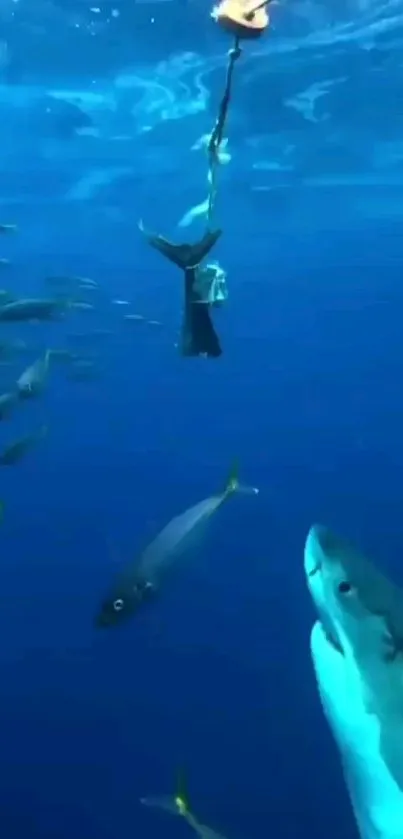 Shark swims with fish in deep blue ocean.