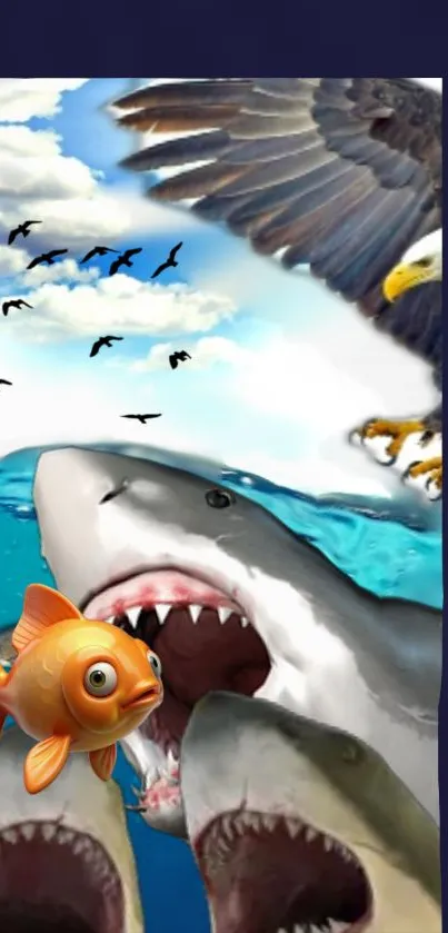 Wallpaper with sharks, goldfish, eagle, and birds in vibrant blue sky.