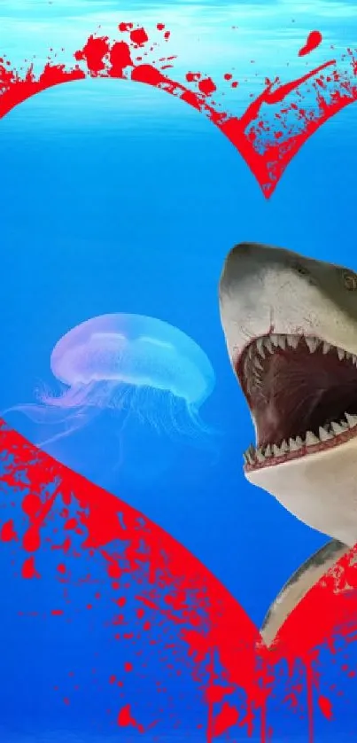 Shark inside a red heart on blue ocean background.