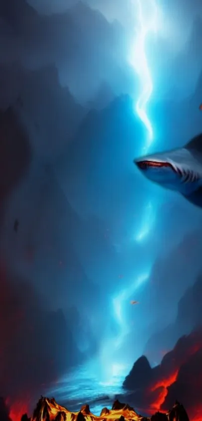 Shark below lightning over ocean waves with fiery accents.