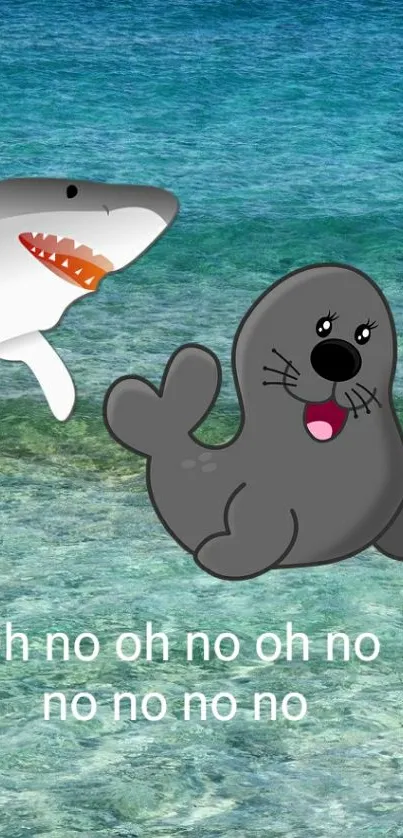 Cartoon wallpaper featuring a shark and a seal in the ocean with a funny caption.