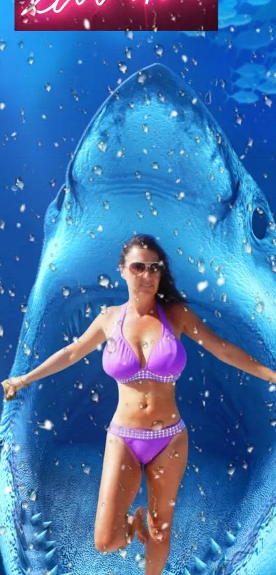 Woman in purple swimsuit inside a shark's mouth with water droplets.