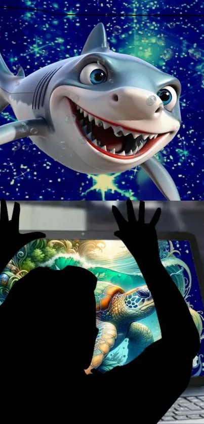 Animated shark swimming with vibrant ocean background.