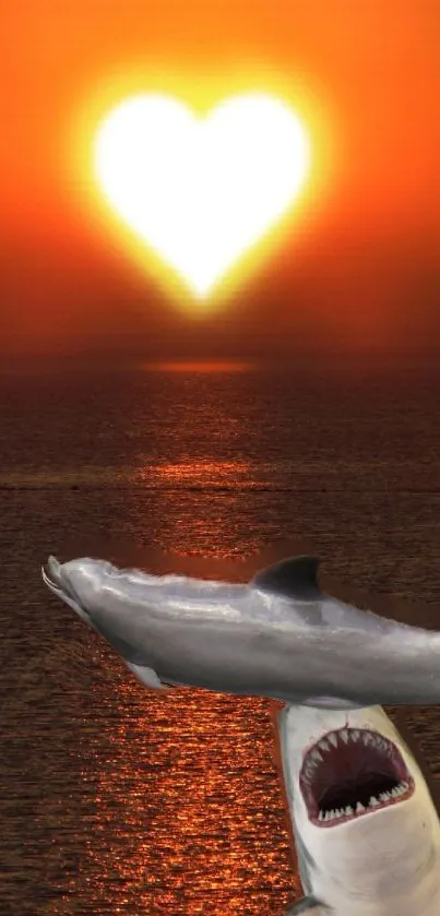 Shark leaping with heart-shaped sunset sky over ocean waves.