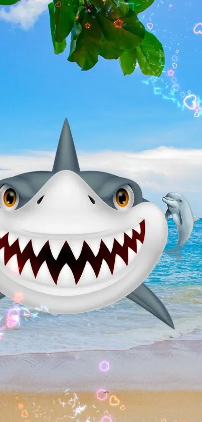 A playful cartoon shark on a tropical beach with a bright blue sky.