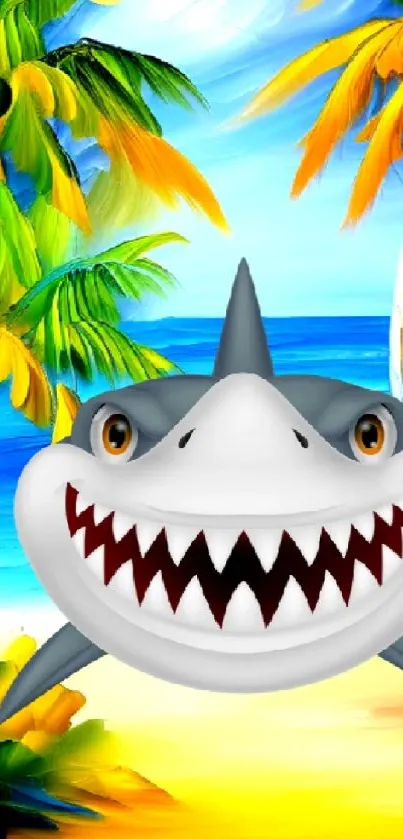 Cartoon shark with palm trees on a tropical beach.