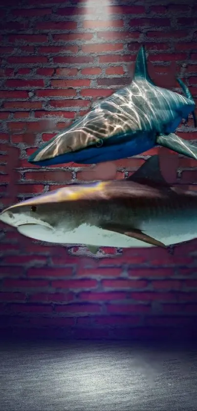 Two sharks swimming in front of a brick wall, illuminated by spotlight.