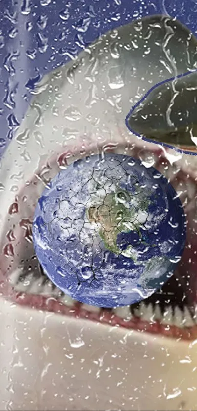 Shark with Earth in mouth; water effect wallpaper.