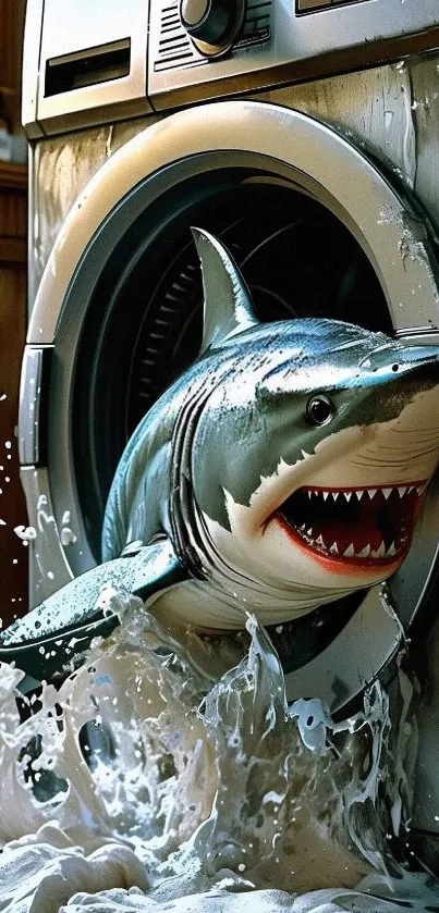 Shark emerging from a washing machine with water splashing.