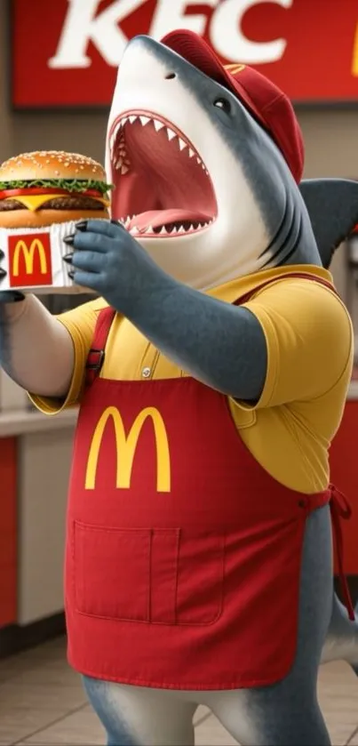 Cartoon shark in fast food uniform holding burger.
