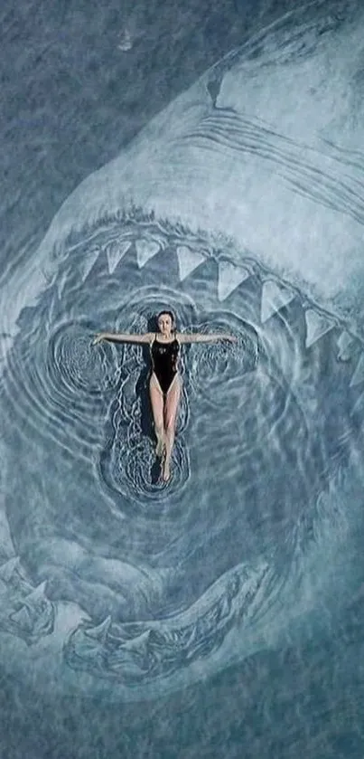 Swimmer floating over a giant shark in blue waters, creating a surreal effect.