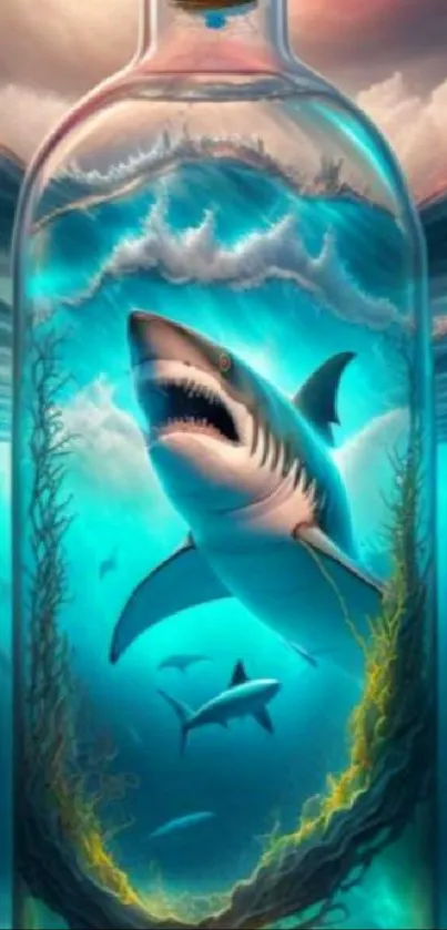 Shark trapped in a bottle under a vibrant ocean sky.