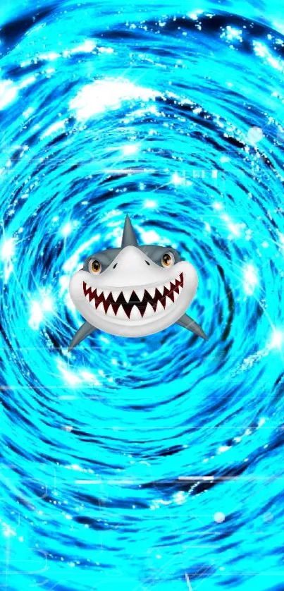 Cartoon shark swimming in a blue whirlpool wallpaper design.