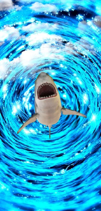 Shark in vibrant blue ocean vortex wallpaper.