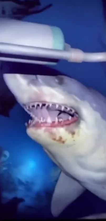 Close-up of a shark in the deep sea, teeth bared, intense ocean scene.