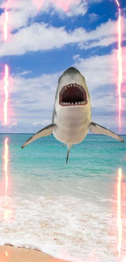 Shark leaping over a sandy beach with a clear blue sky and ocean waves.