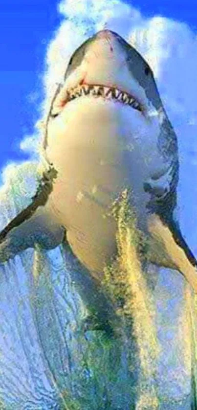 Shark leaping from ocean with clear blue sky.