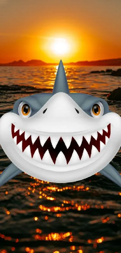 Fierce shark over ocean sunset background, creating a dynamic mobile wallpaper design.