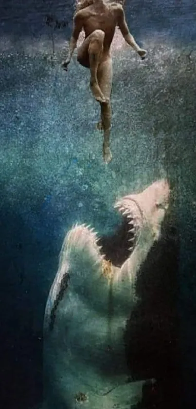 Swimmer encounters a giant shark underwater in a thrilling scene.