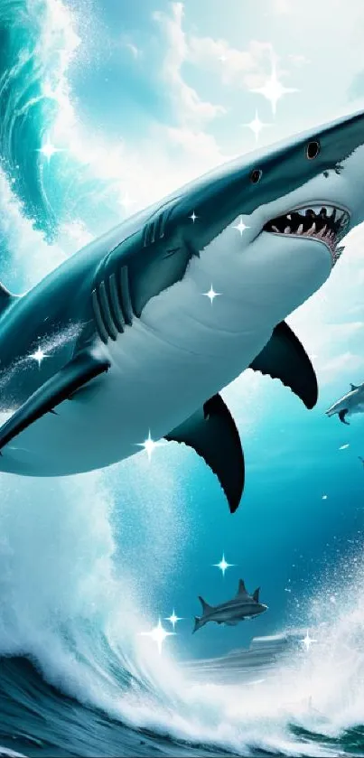 Dynamic shark leaping over ocean waves.