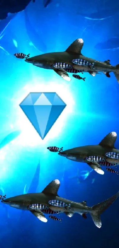 Underwater scene with sharks and a glowing gem, set in vibrant blue hues.