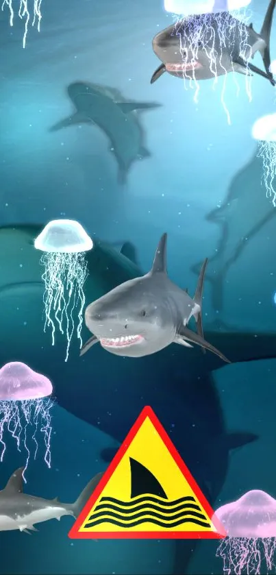Sharks swim among glowing jellyfish in ocean wallpaper.