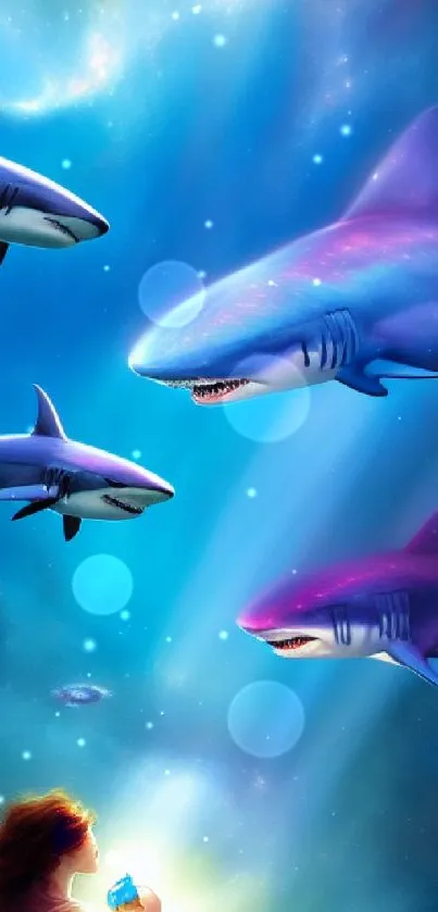 Fantasy wallpaper with sharks in a cosmic ocean.