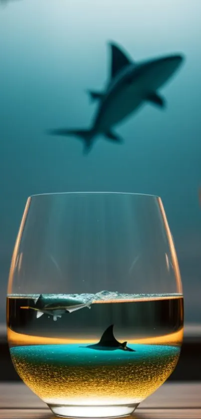 Surreal image of sharks inside a glass with underwater ambiance.