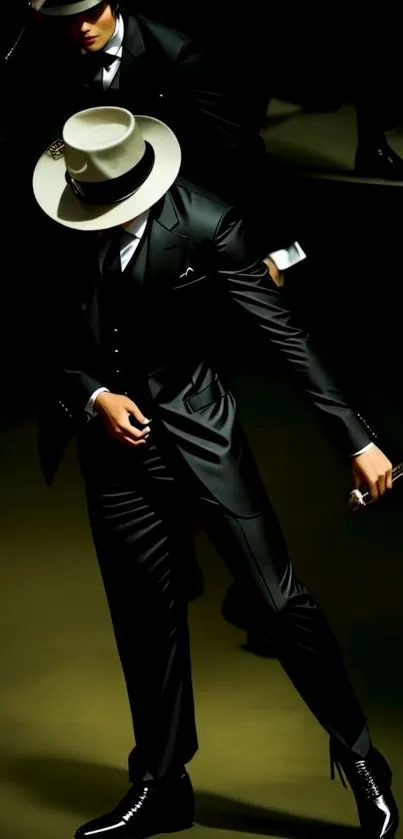 Sharp-dressed figure in a black suit with a hat, exuding elegance and style.