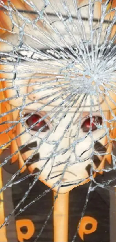 Anime character with shattered glass effect in vibrant orange tones.