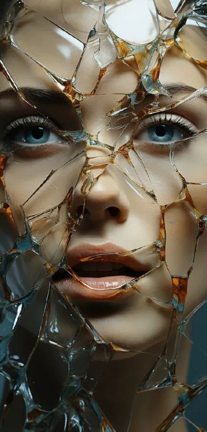 Surreal portrait with shattered glass effect on mobile wallpaper.