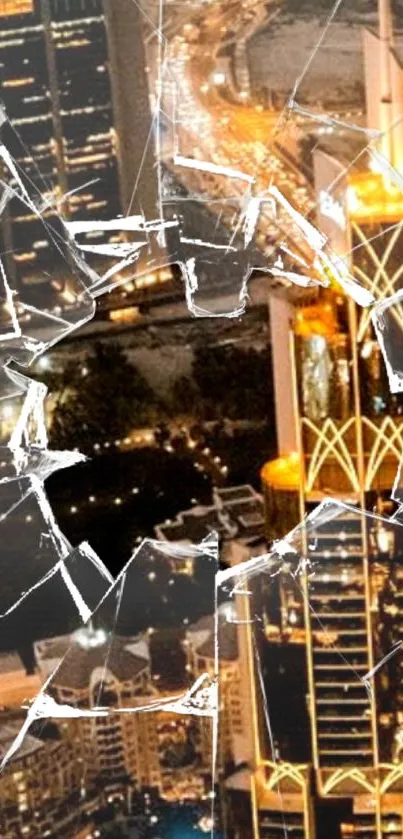 Shattered glass over glowing city skyline with golden lights.