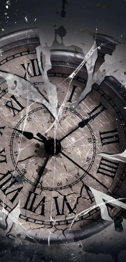 Shattered clock in black and gray wallpaper design.