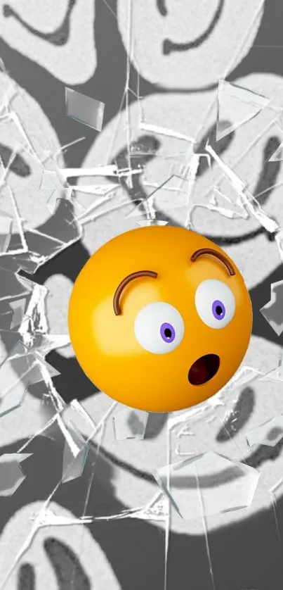 Shocked emoji breaking through shattered glass on wallpaper.