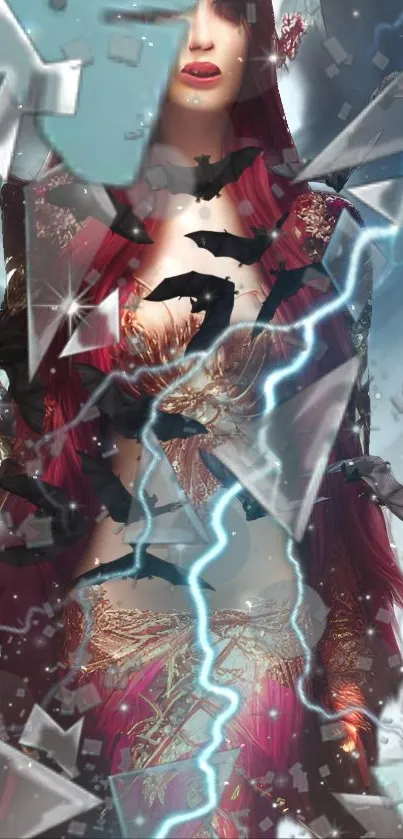 Mystical figure with red hair amidst shattered glass and lightning.