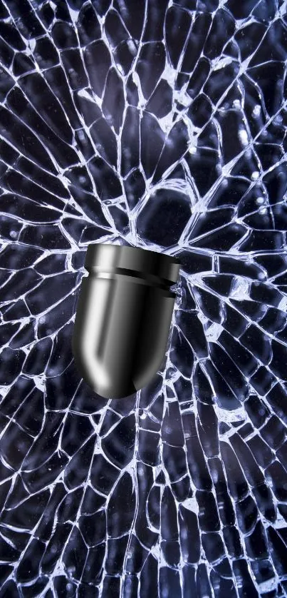 Bullet surrounded by shattered glass on a dark blue background.