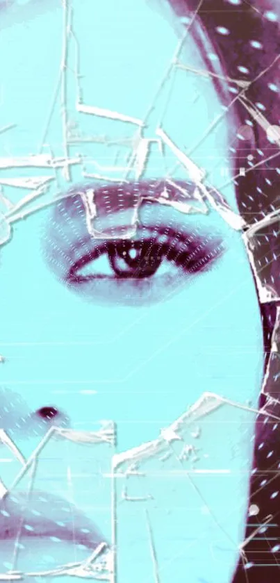 Artistic wallpaper with shattered glass and face in cyan color.