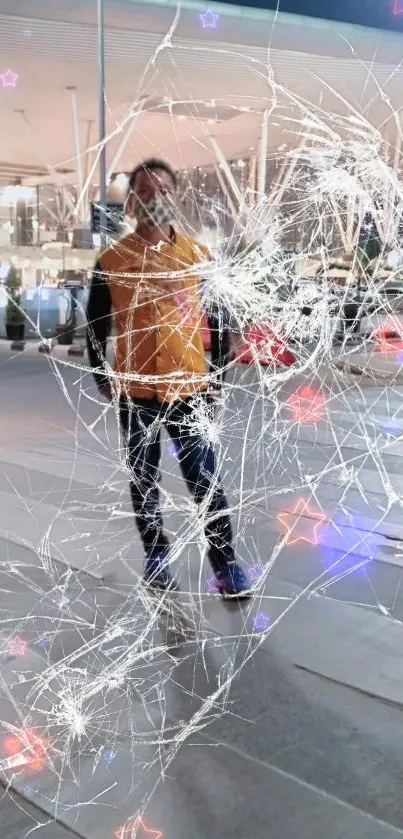 Unique shattered glass effect on urban background with colorful stars for phone wallpaper.