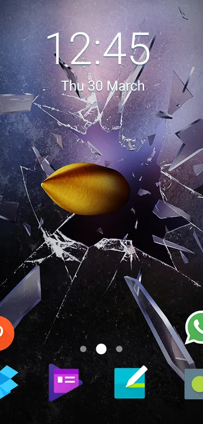 Dynamic shattered glass wallpaper with yellow seed and app icons.