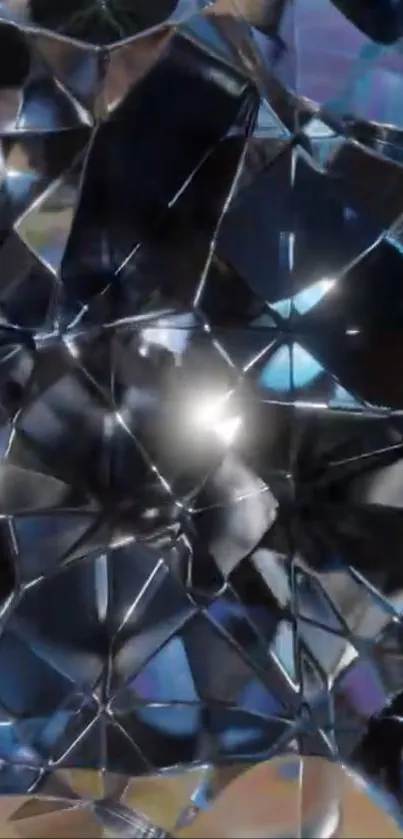 Abstract shattered glass with reflective surfaces in dark blues and silver tones.