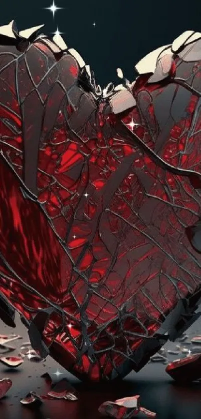 Shattered glass heart with red glowing center on a dark background.