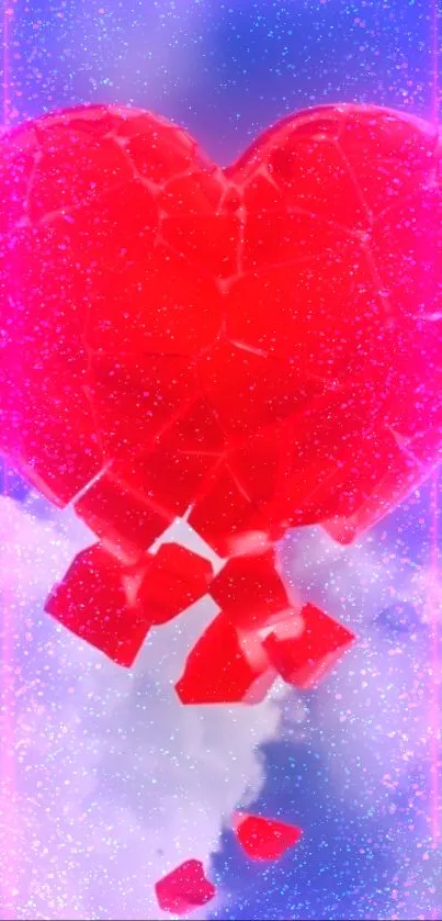 Shattered red heart amidst a cosmic, celestial background.