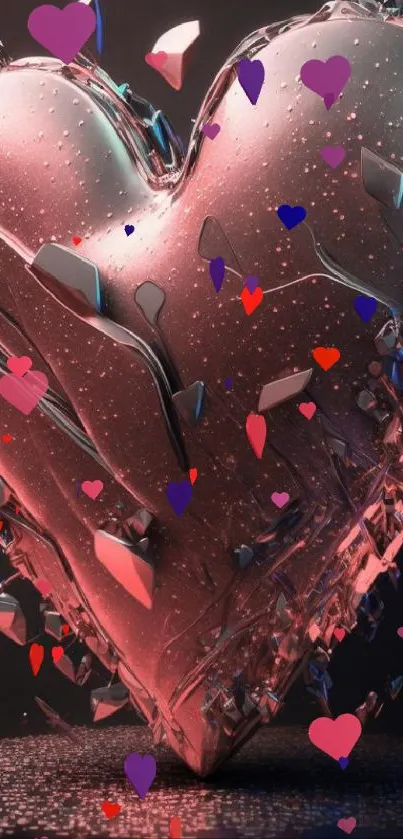 3D shattered heart mobile wallpaper in pink hues.